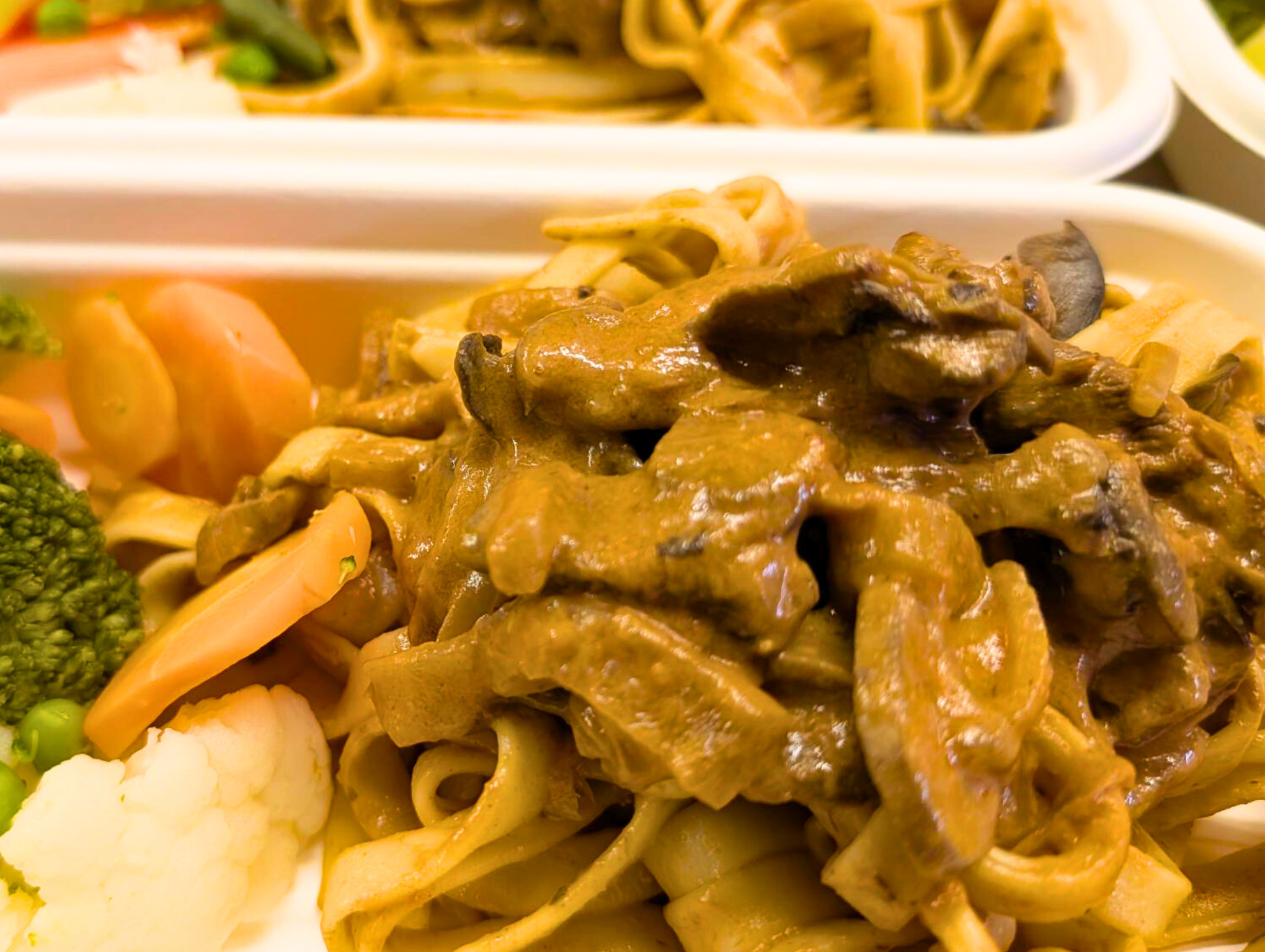 Beef Stroganoff with fettuccini and seasonal vegetables