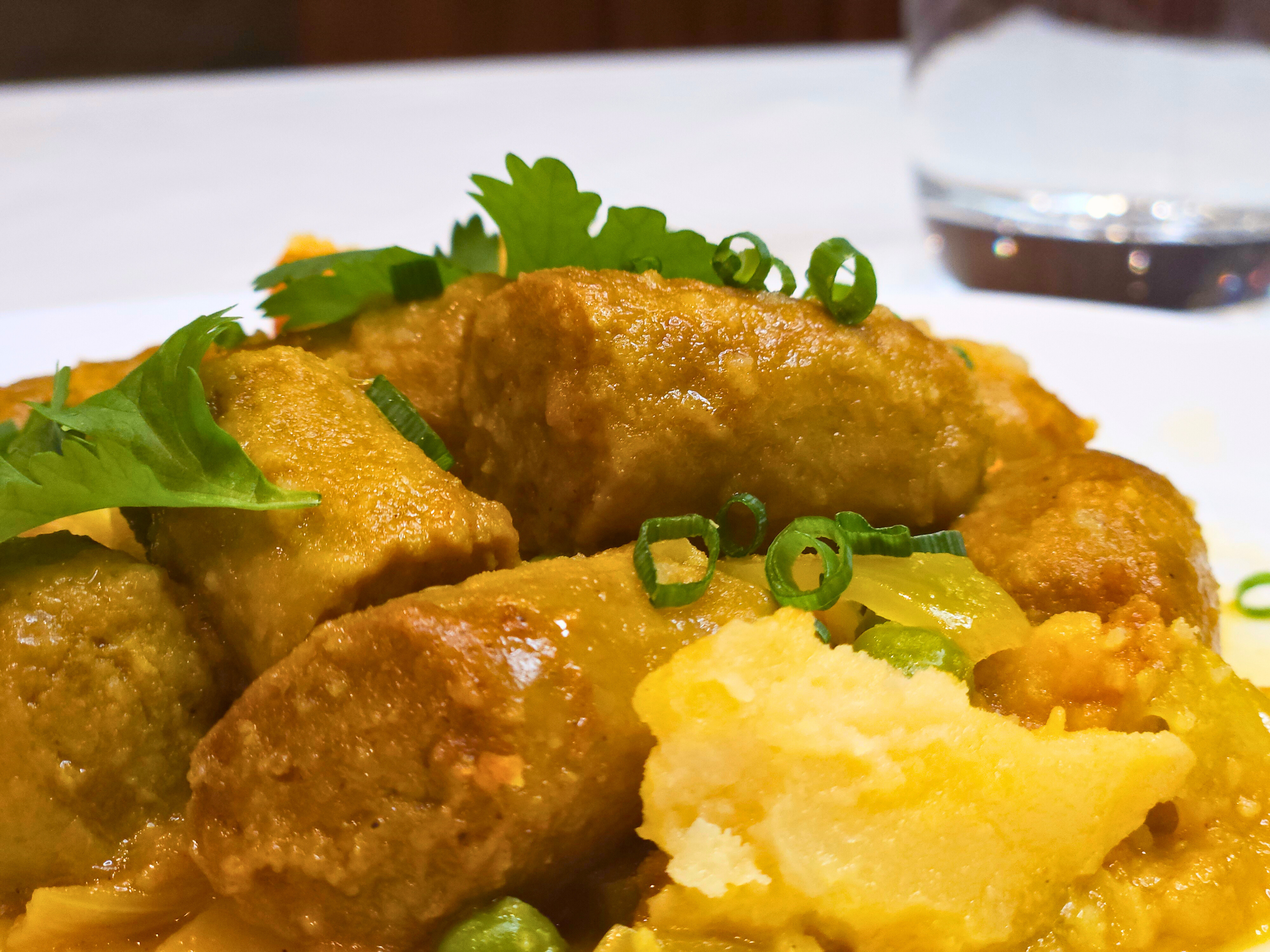 Curried Sausages with rice and Seasonal Vegetables